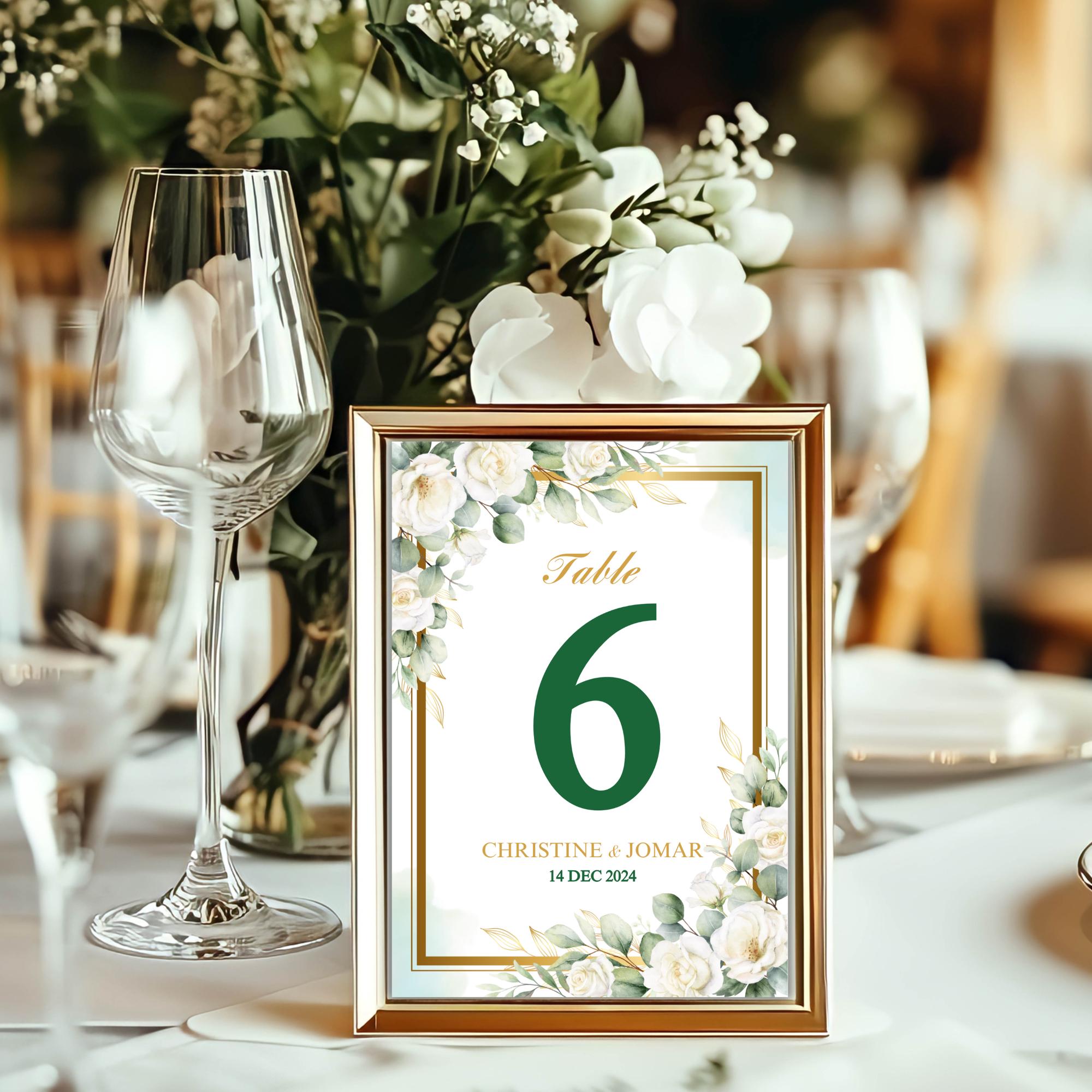 Elegant Floral Table Number Template: Green & White Wedding Decor ...