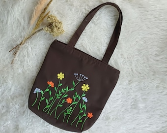 Borsa tote in tela ricamata con motivo floreale: con cerniera, per uso quotidiano da donna