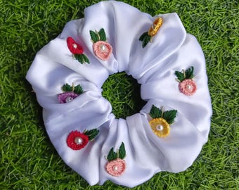 Embroidered Silk Scrunchie: Large Floral Hair Accessory