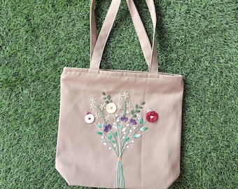 刺繍入り花柄キャンバストートバッグ（ファスナー付き） - Etsy 日本
