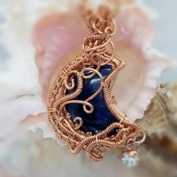 Qute-n-Copper Sodalite 'Good Night Moon'  Wire Pendant | Gemstone Jewelry | Celestial Necklace | Wearable Art