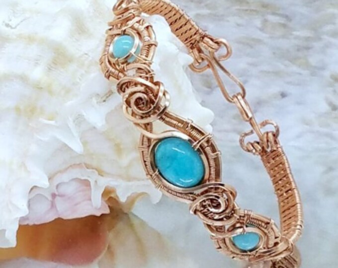 Bezel Wrapsady /'Peruvian Princess/' Amazonite 3-Stone Copper Wire Bracelet