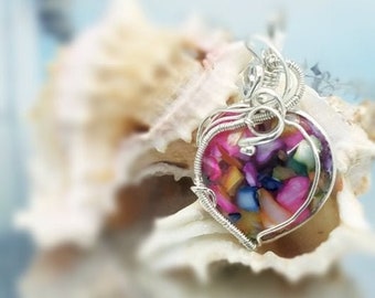 Werke von Herz Multi-Color Mutter-perle Silber Draht Anhänger; Shell Schmuck; Tragbare Kunst