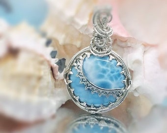 Bezel Wrapsady Larimar 'Blue Moon/Sky' Silver Wire Pendant; Larimar Jewelry; Wearable Art