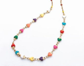Collar de corazones alegres multicolores, cadena de eslabones con forma de satélite con cuentas de acero esmaltado, joyería inspiradora con mensaje de amor y fe