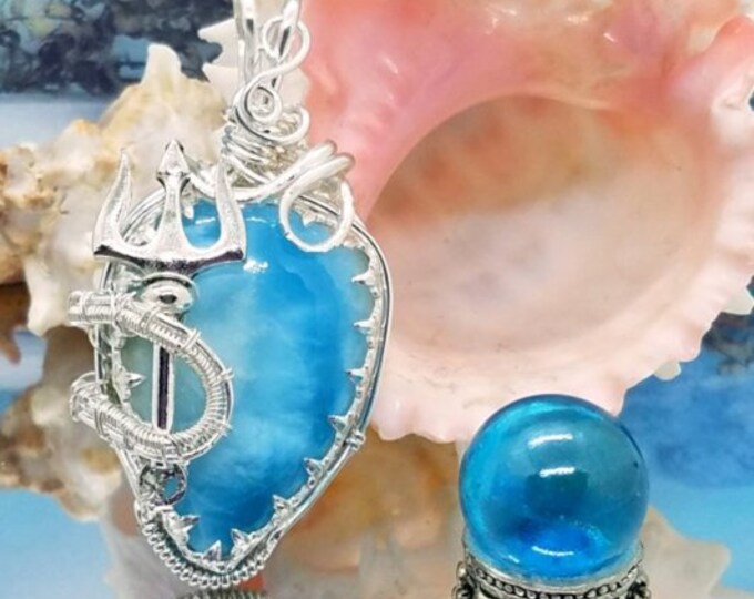 Bezel Wrapsady Larimar /'Queen Atlanna/' Trident Silver Wire Pendant; Larimar Jewelry; Aquaman Inspired Jewelry; Wearable Art