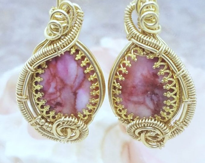 Bezel Wrapsady Pretty Pink Marble Brass Wire Earrings