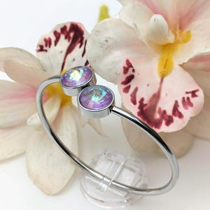 May include: A silver bangle bracelet with two iridescent purple crystal accents.