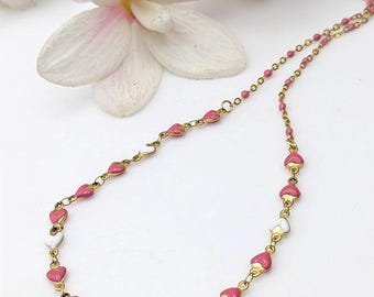 Collar de corazones rosados encantadores, cadena de eslabones con forma de satélite con cuentas de acero esmaltado, joyería inspiradora con una declaración de amor y fe