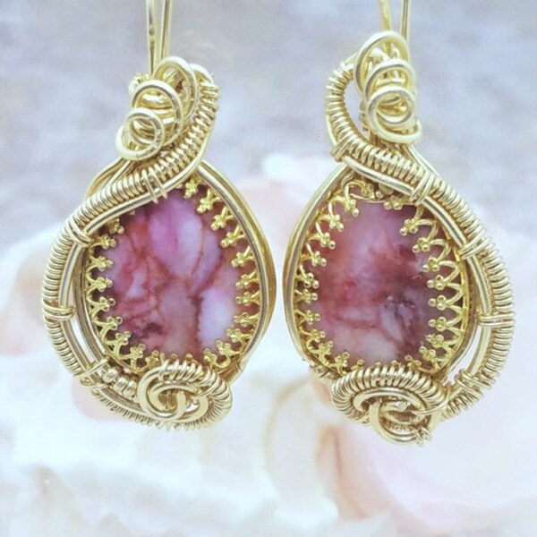Bezel Wrapsady Pretty Pink Marble Brass Wire Earrings