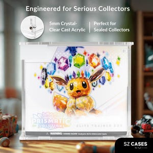 Puede incluir: Una vitrina de acrílico transparente con el texto "Engineered for Serious Collectors". En el interior hay una caja con un gráfico de un personaje de dibujos animados y el texto "Scarlet & Violet Prismatic Evolutions Elite Trainer Box."