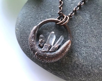 Electroformed Copper Raw Quartz Moon Pendant | Crystal Necklace
