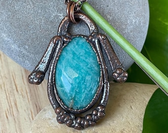 Electroformed Copper Amazonite Pendant | Sculpted Stone Necklace