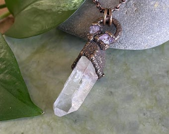 Electroformed Copper Raw Quartz & Amethyst Pendant | Boho Gift