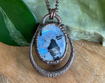 Electroformed Copper Moonstone Pendant | Black Tourmaline Crystal Necklace