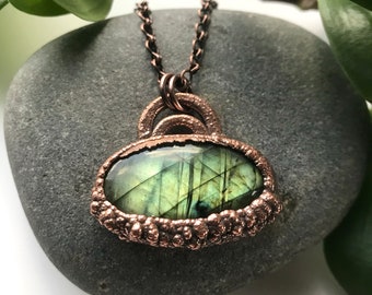Electroformed Copper Labradorite Pendant | Olive Green Stone Necklace