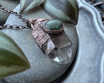 Electroformed Turquoise & Quartz Crystal Necklace | Handmade Copper Pendant
