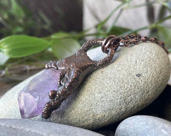 Raw Amethyst Copper Electroformed Pendant | Crystal Necklace