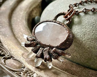Handcrafted Rose Quartz Copper Electroformed Pendant Necklace | Love Crystal Jewelry
