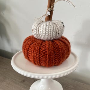 hand knit pumpkin|two-tier|seasonal decor|fall theme|cinnamon stick stem