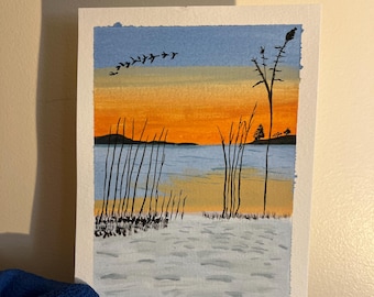 Original Gouache Painting – Bay Circuit Trail Dreamy Sunrise, Duxbury Massachusetts | 5x7 Coastal Art