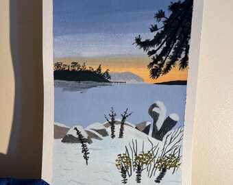 Original Gouache Painting – Bumpus Park Snowy Dream, Duxbury Massachusetts | 5x7 Coastal Art