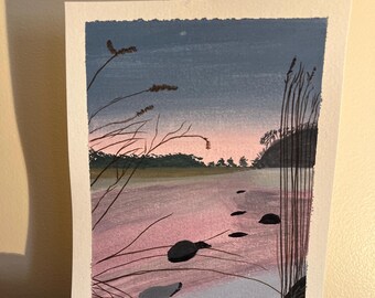 Original Gouache Painting – South River Marsh Sunset, Marshfield Massachusetts | 5x7 River Art