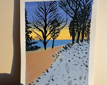 Original Gouache Painting – Bay Circuit Trail Snowy Path, Duxbury Massachusetts | 5x7 Coastal Art