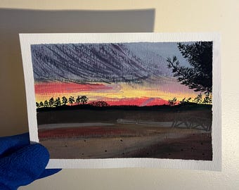 Original Gouache Painting – Cranberry Farm Sunset, Middleborough Massachusetts | 5x7 Countryside Art