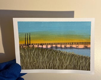 Original Gouache Painting – Duxbury Powder Point Bridge Sunset, Massachusetts | 5x7 Coastal Art