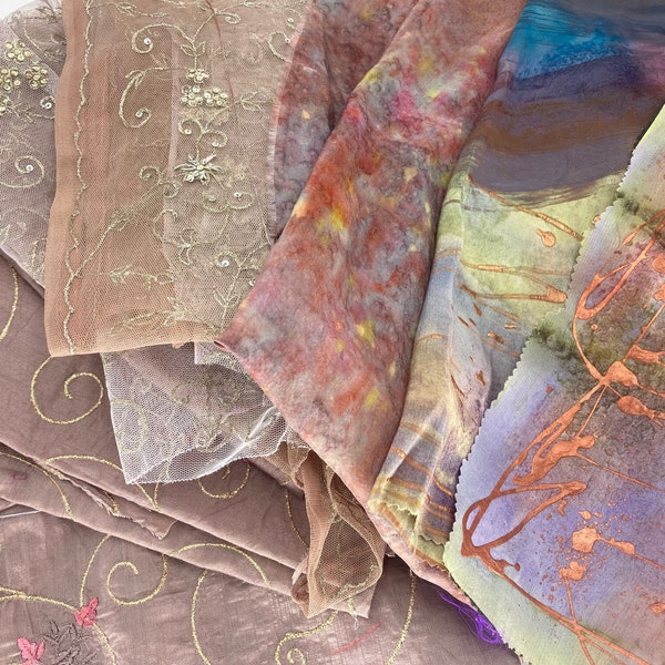 Pastel ROSE Curated Fat Quarter Bundle 18"X22 13 pieces Hand Painted Dupioni Hand Dyed Netting One of a kind Kuder Art Studio Gallery Sedona