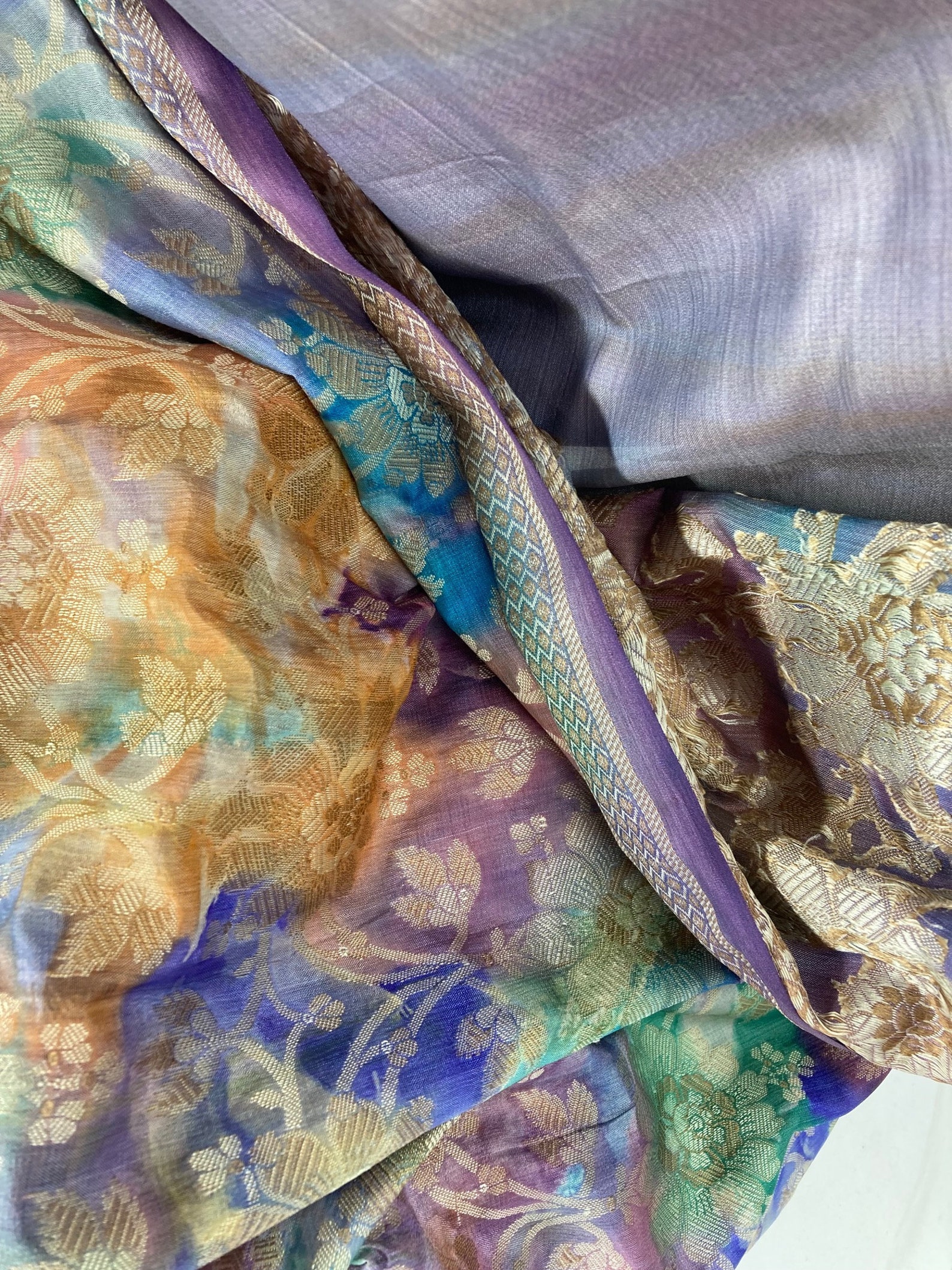 Fire Colors and Turquoise Purple Satin Shawl