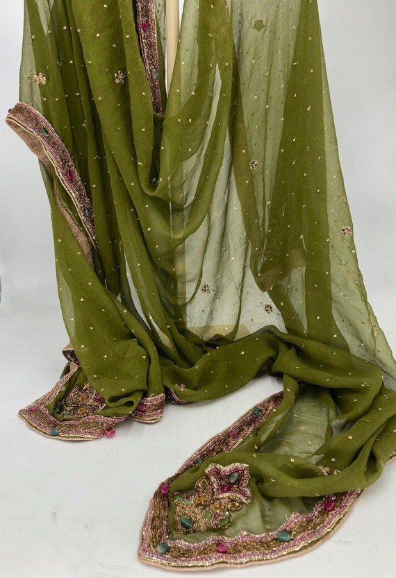 Vintage Art to Wear Moss Green  %100 Silk Shawl/D… - image 1