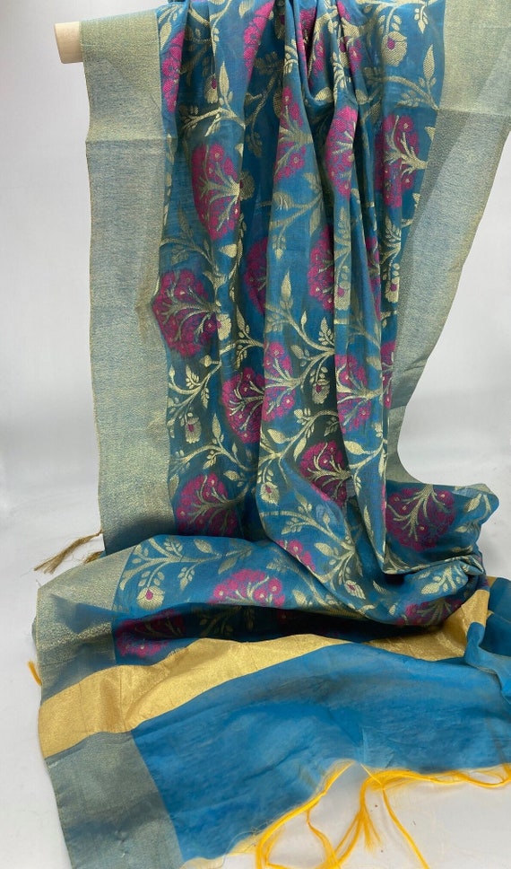 Vintage FLORAL SKY Blue Pure Silk woven Shawl Stol