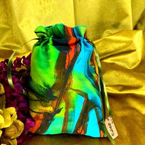 Luxuriöse Handbemalte SEIDE Kordel Tasche Kristalle Amulett Beutel Schmuck Andenken Tarot Karte Geschenkverpackung Brautbeutel 6 "X 8"Signed KUDER Art