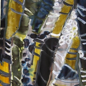 May include: Abstract painting with a mix of yellow, green, blue, black, and white paint. The painting features a series of vertical lines and shapes.