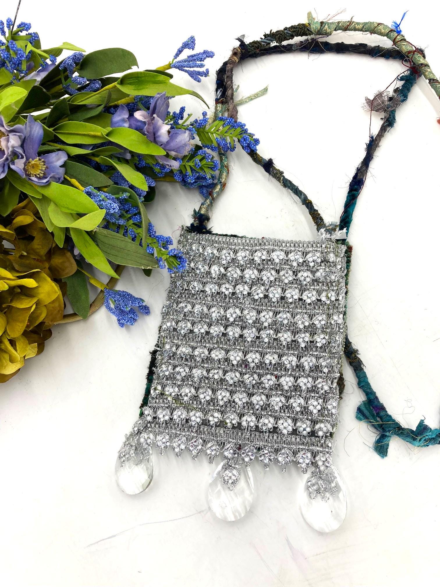 Silver and Crystal Handmade Cross body EVENING Bag Hand Dyed Silk Velvet  Wool Silver Sutash Vintage Crystals Bridal purse Kuder Art Sedona