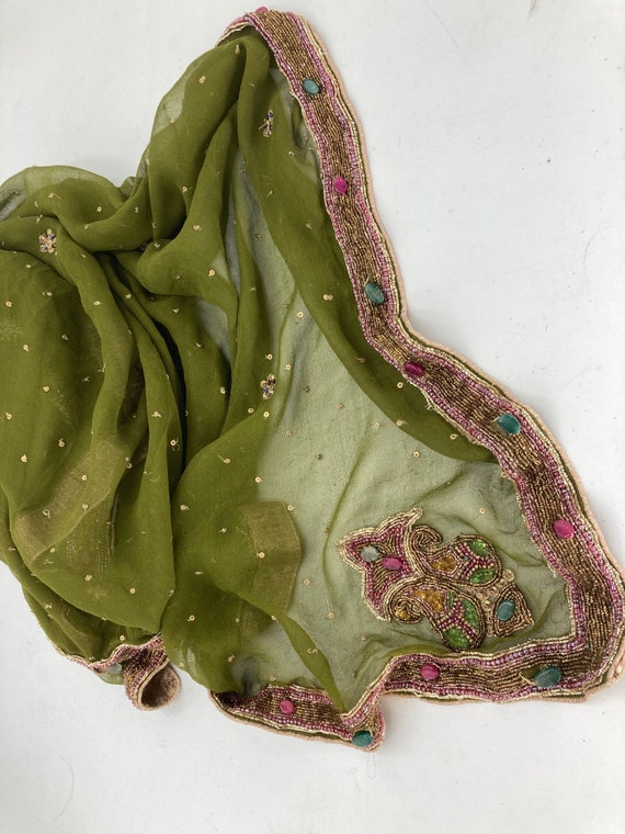 Vintage Art to Wear Moss Green  %100 Silk Shawl/D… - image 5