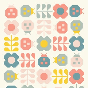 May include: A repeating pattern of stylized flowers, ladybugs, and leaf-like shapes in pastel colors. The design features geometric forms in shades of pink, blue, yellow, and green on a cream background. The overall aesthetic is reminiscent of a retro or mid-century modern style.