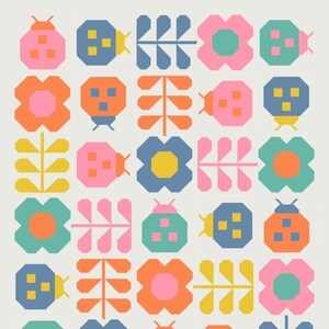 May include: A colorful geometric pattern featuring ladybugs, flowers, and leaves. The pattern is made up of squares and rectangles in shades of pink, blue, yellow, green, and orange.