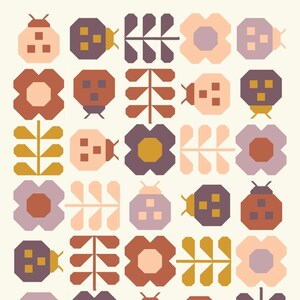 May include: A colorful geometric pattern featuring ladybugs, flowers, and leaves. The design is made up of squares and rectangles in shades of pink, purple, brown, and gold.