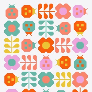 May include: A repeating pattern of stylized flowers and ladybugs in a grid. The design features geometric shapes in shades of orange, pink, teal, and yellow on a white background. The ladybugs have three dots on their backs.