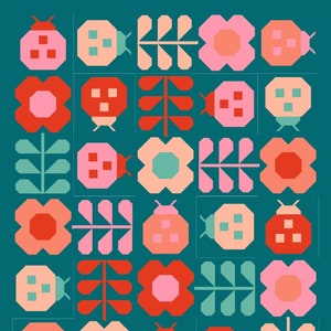 May include: A teal background with a repeating pattern of red, pink, and green ladybugs, flowers, and leaves. The design is in a pixelated style.
