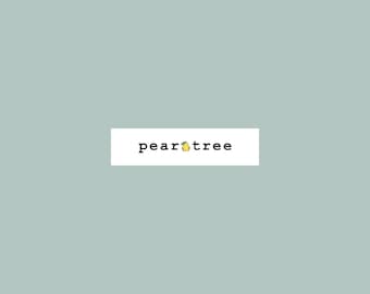 May include: A white rectangle with the text "peartree" in black font and a small yellow pear with a green leaf in the middle of the text.