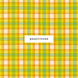 May include: A yellow, orange, and blue plaid fabric with a white background. The fabric has a subtle texture and is perfect for crafting projects.