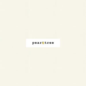 May include: A white background with the text "peartree" in black font. A small yellow pear with a green leaf is centered in the text.