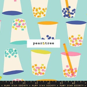 May include: A seamless pattern featuring colorful bubble tea cups with various toppings on a light blue background. The cups are in different sizes and shapes, with some featuring straws. The pattern is perfect for fabric, wallpaper, or other creative projects.