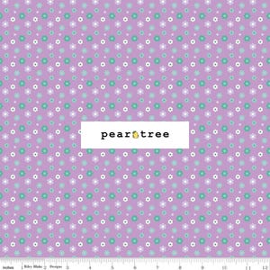May include: A fabric with a repeating floral pattern in white, teal, and lavender on a lavender background. The fabric has the text "pear tree" in a white rectangle. The fabric is measured in inches.