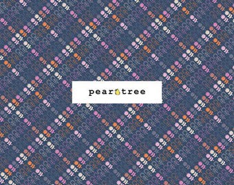 May include: A dark blue fabric featuring a diagonal plaid pattern composed of small, repeating floral sprigs in shades of pink, orange, and white. A white rectangular label in the center displays the black text pear tree with a small pear icon.