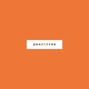 May include: A white rectangle with the text "peartree" in black font. A small yellow pear with a green leaf is centered between the words "pear" and "tree".